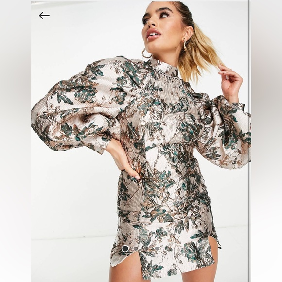 ASOS Luxe Jacquard Volume Sleeve Mini Dress with Crystal Trim Detail - Picture 1 of 4